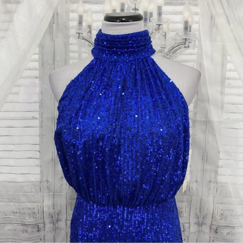 Eliza J Size 8 Blue Halter High Neck Sleeveless Sequin Blouson Dress Cocktail